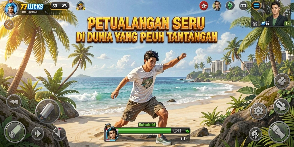Tangkapan layar gameplay <strong>77LUCKS</strong> menunjukkan aksi seru menjelajahi dunia petualangan.