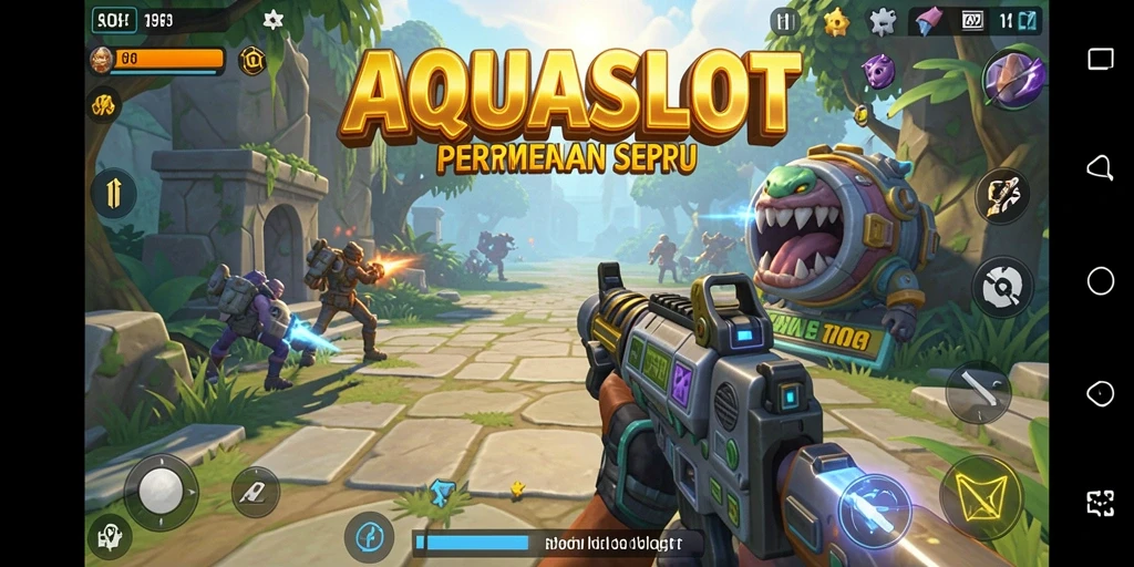 Tampilan gameplay AQUASLOT yang penuh aksi dan strategi TPS.