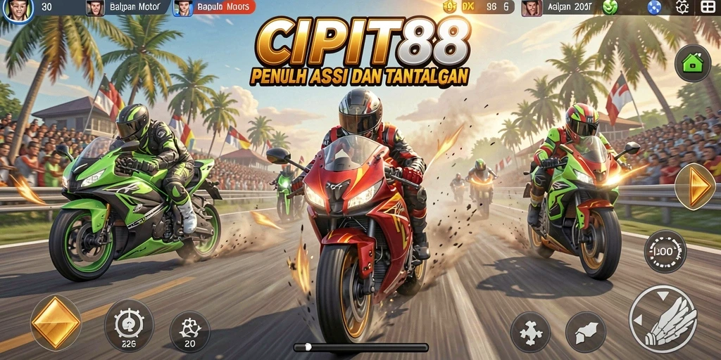 Tampilan gameplay <strong>CIPIT88</strong> menunjukkan aksi balapan motor yang mendebarkan.
