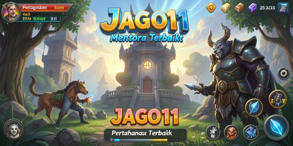 Screenshot gameplay JAGO11 yang menunjukkan menara dan musuh dalam aksi.