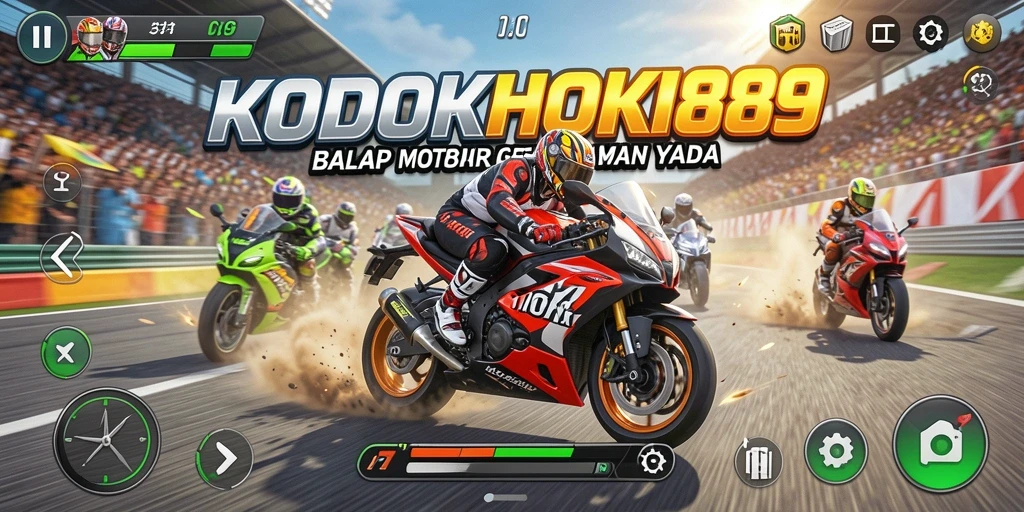 Screenshot gameplay KODOKHOKI889 menampilkan balapan motor yang mendebarkan.