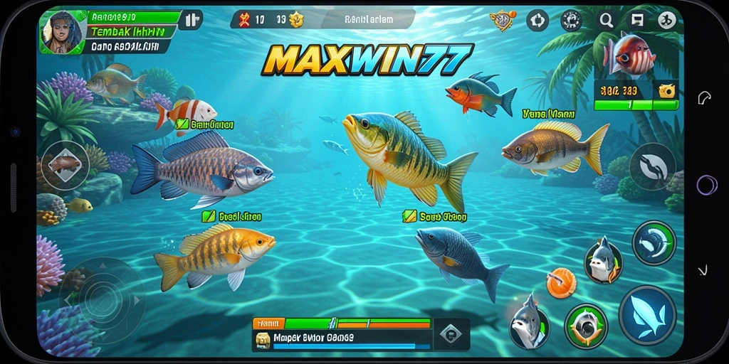 Tampilan gameplay menarik dari MAXWIN77 dengan banyak ikan.