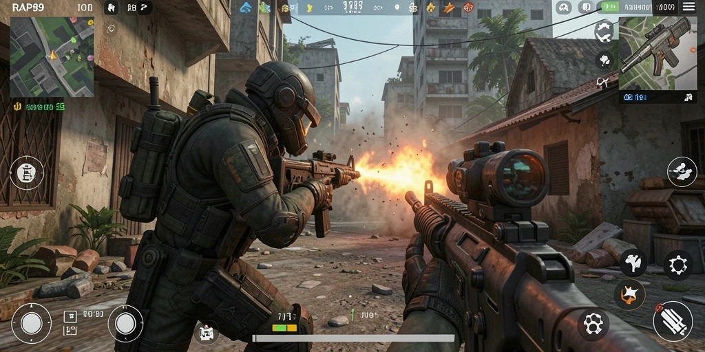 Screenshot gameplay RAP89 menampilkan aksi tembak-menembak yang seru dan mendebarkan.