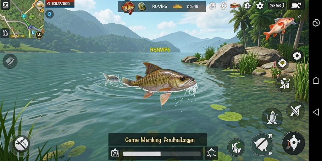 Screenshot utama RSNVIP6 menampilkan pemain yang asyik memancing di danau yang indah.