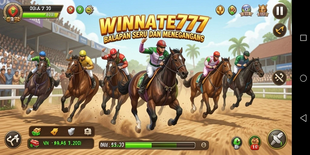 Tampilan gameplay seru dengan mobil balap yang melaju kencang di trek.